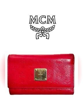 MCM Red Leather Tri-Fold Wallet